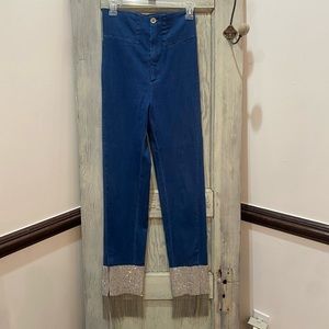 Rehab Lab denim high waisted rhinestone/chained fringe hem sz medium festival